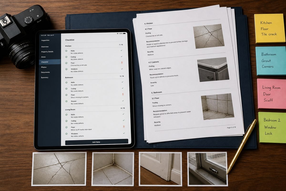 Evidence-based inspection report, photos and checklist