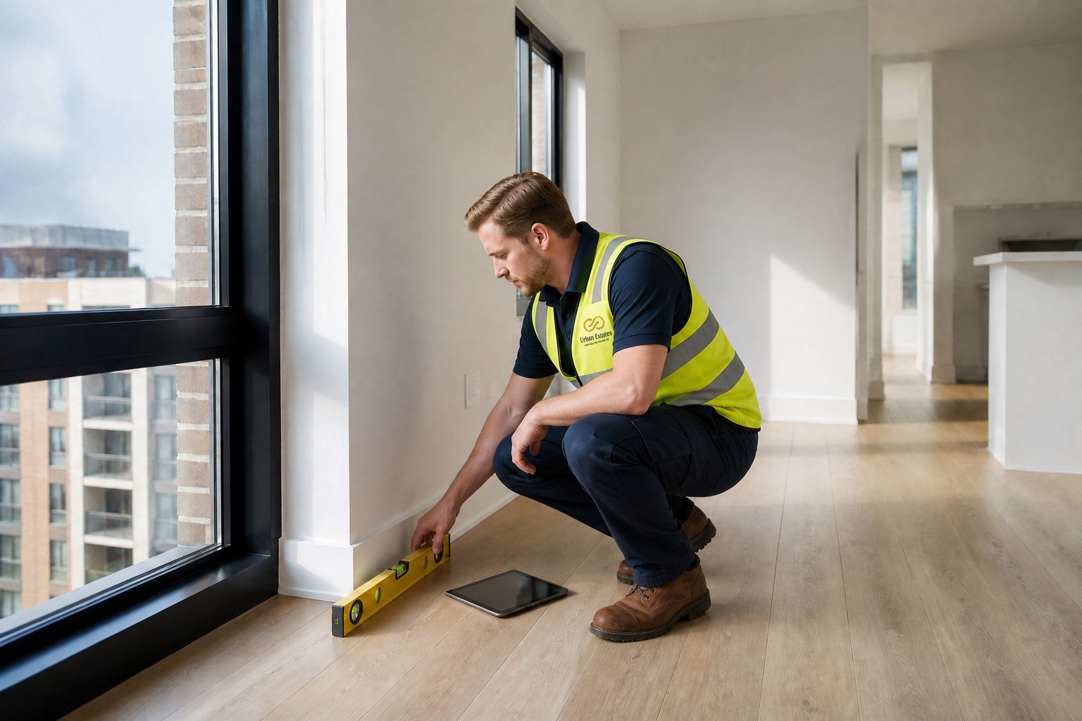 Inspector checking walls and flooring inside a new apartment