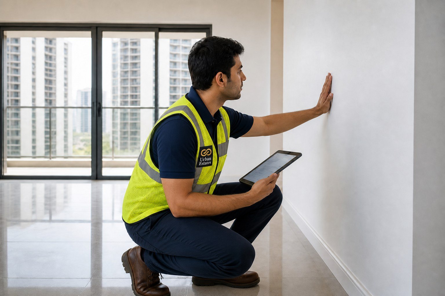Inspector checking wall finish with a digital tablet