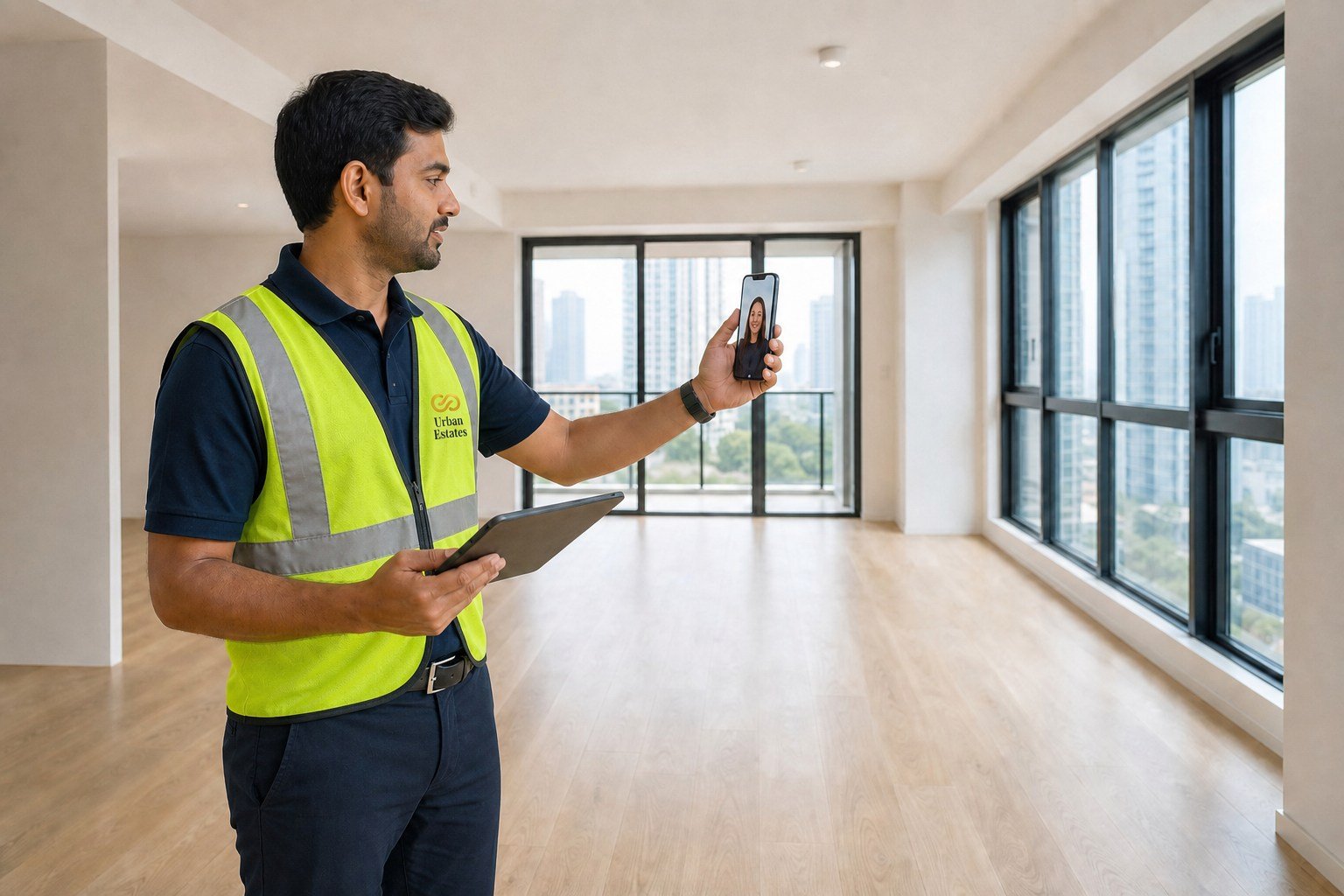 Inspector video-briefing an overseas owner during NRI property inspection