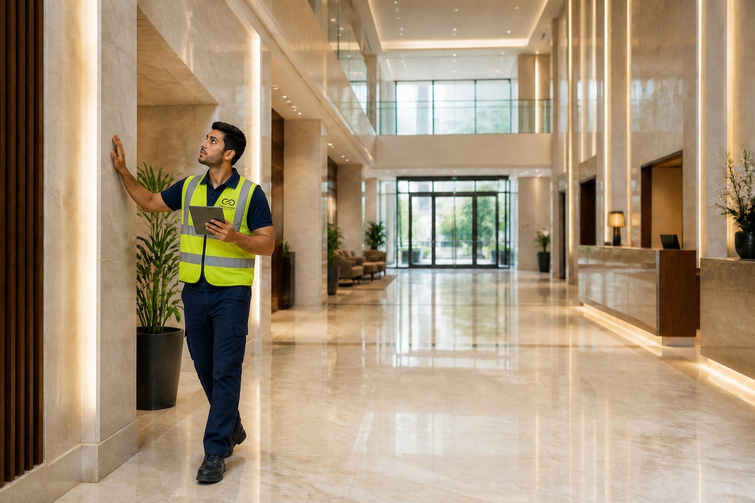 Inspector auditing a society lobby and common areas
