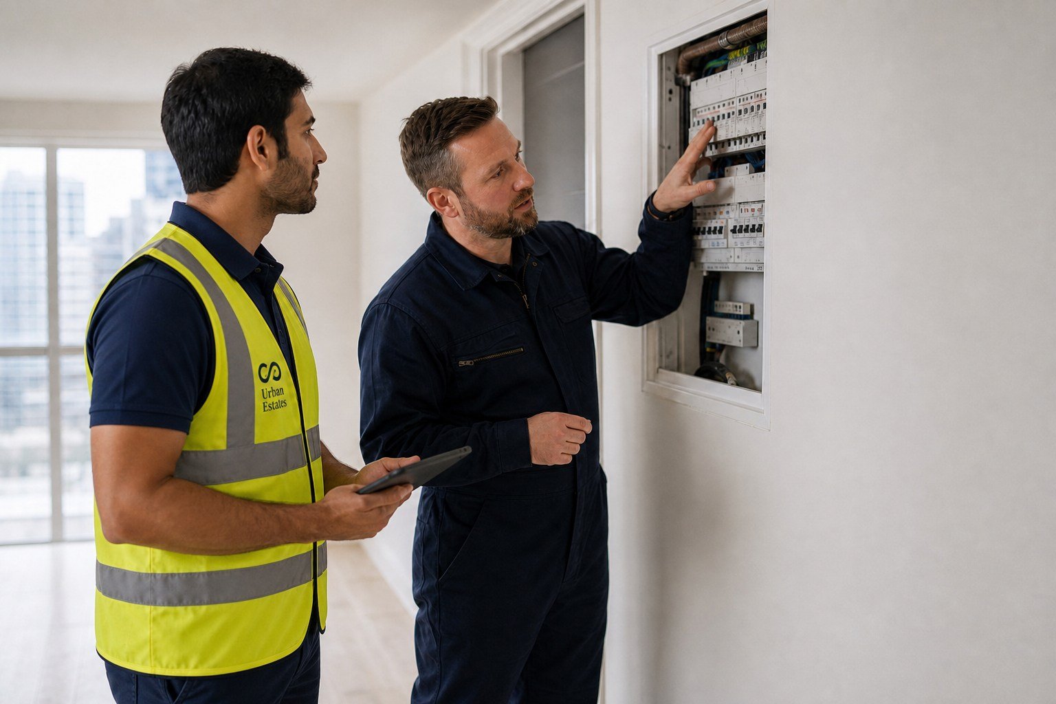 Inspector reviewing an electrical panel with a specialist