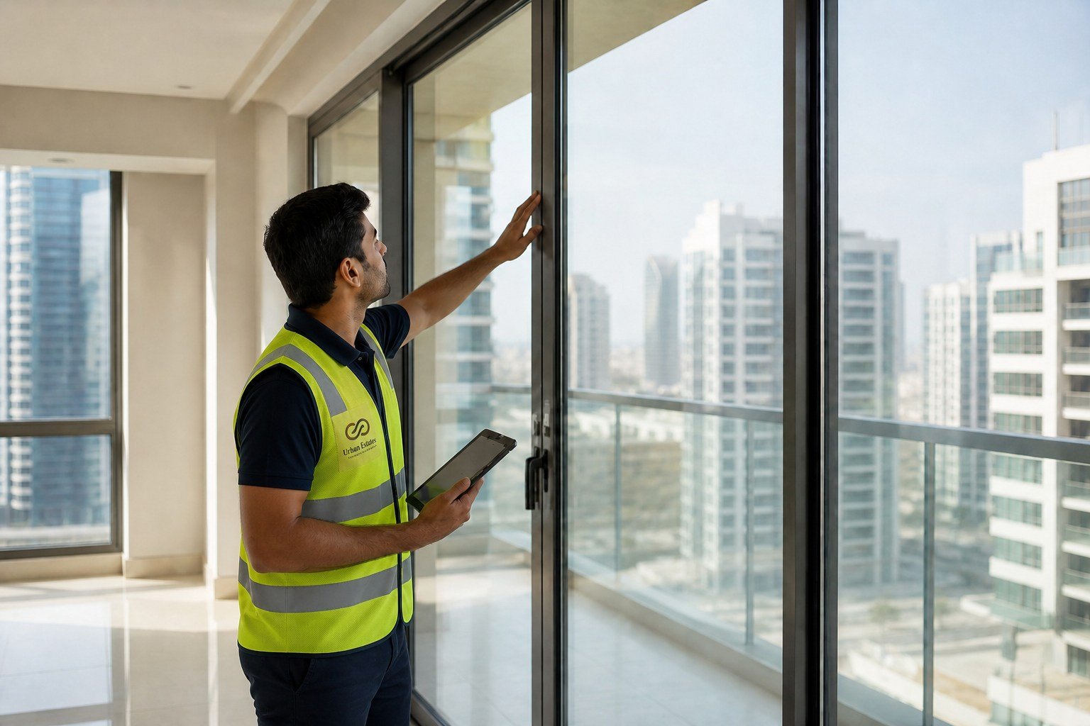 Inspector checking balcony doors and external finishes