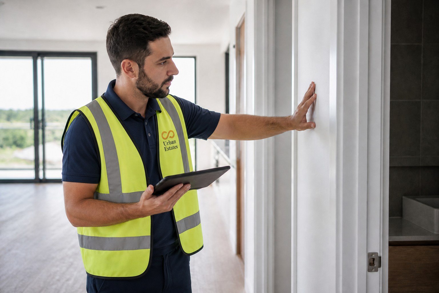 Inspector checking apartment wall finishes during Essential PDI