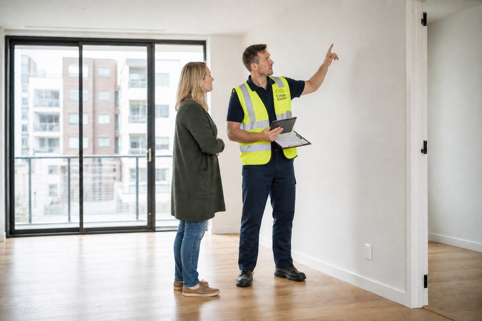 Inspector briefing a buyer on apartment findings